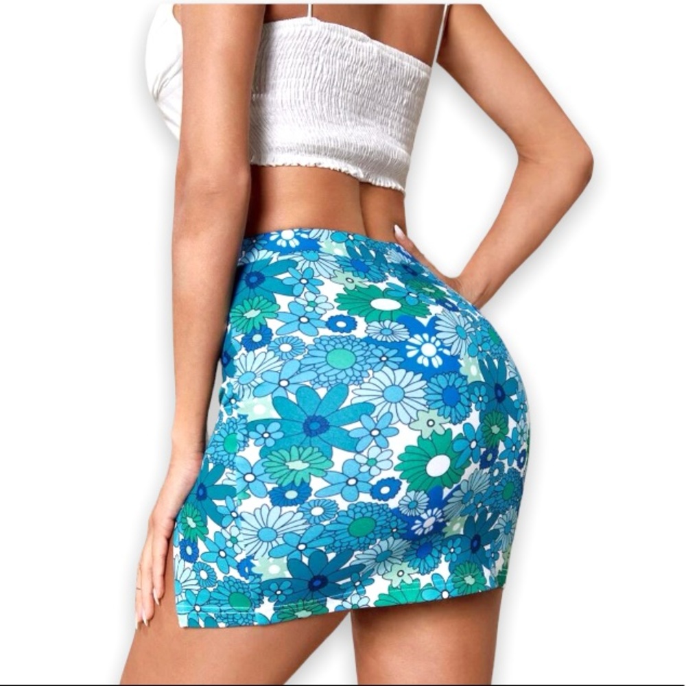 New Boho Floral Print Blue Green White Split Hem High Waist Bodycon Mini Skirt - Picture 10 of 13